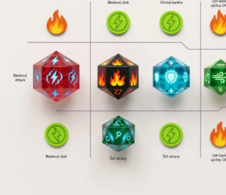 Mriežka farebných kociek zoradených podľa typu útoku, obrany a podpory.