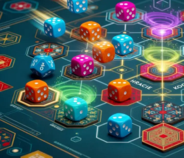Hracia plocha plná farebných kociek počas intenzívneho PvP zápasu v Random Dice: Defense