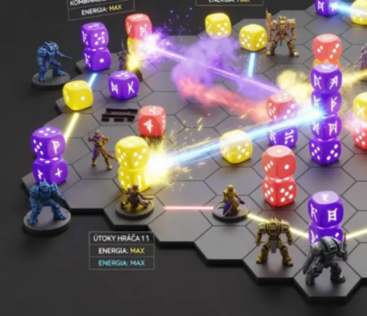 Široký záber na hraciu plochu Random Dice: Defense s dynamicky rozmiestnenými kockami počas intenzívneho zápasu
