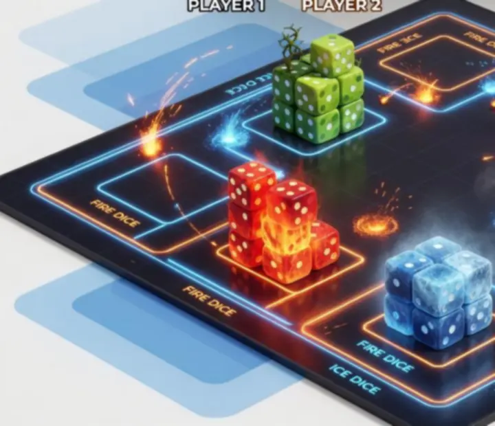 Farebný prehľad strategického rozmiestnenia kociek na hracej ploche v Random Dice: Defense