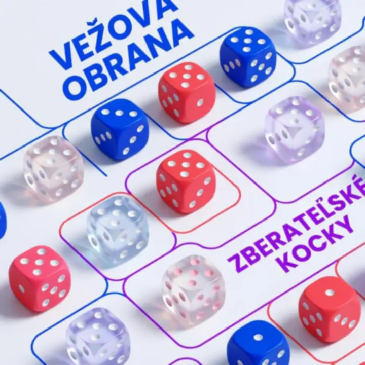 Ilustrovaná kartička s hernými kockami Random Dice: Defense na svetlom hracom poli