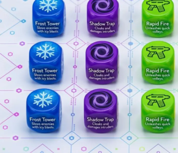 Farebný prehľad rôznych typov kociek a ich schopností v Random Dice: Defense